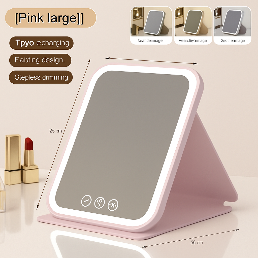 Foldable LED Makeup Mirror with Touch Control – 3 Light Modes & Stepless Dimming (USB Rechargeable)
