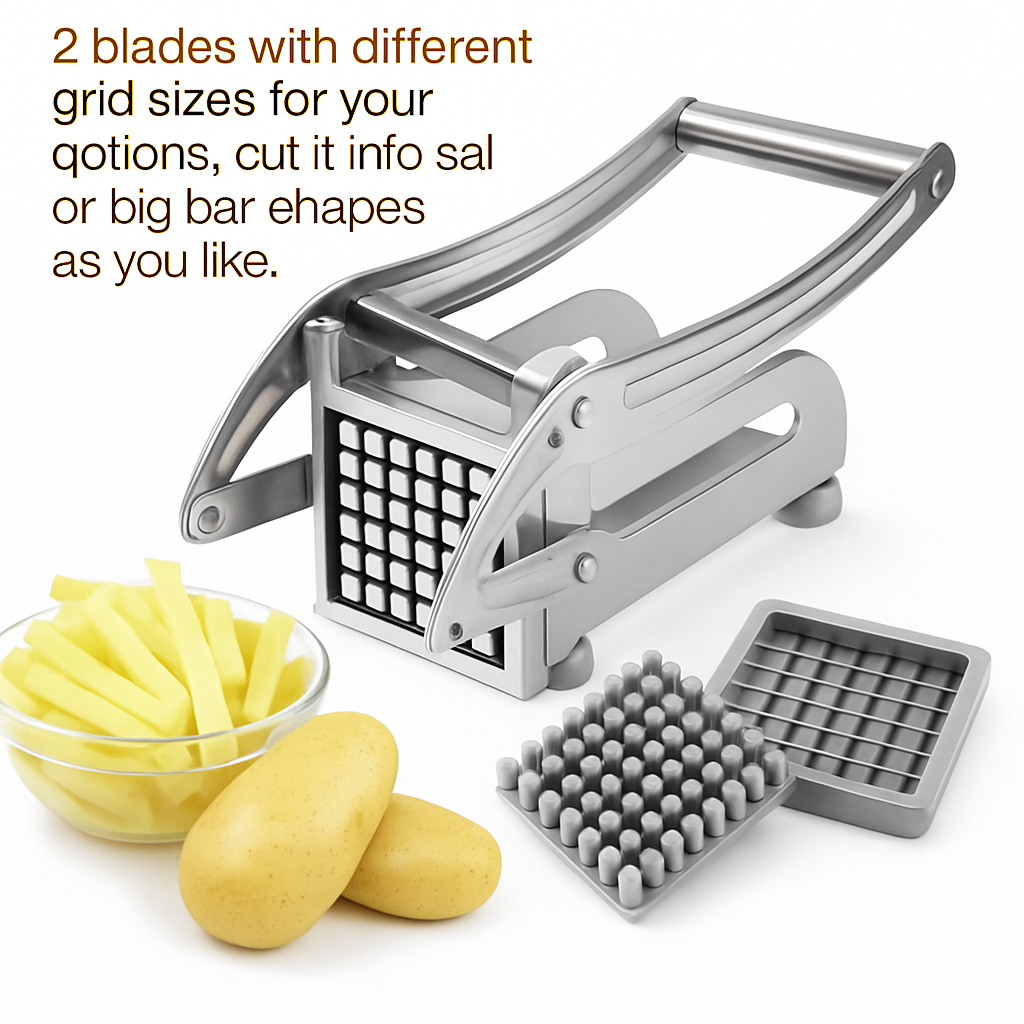ProSlice™ Stainless Steel French Fry Cutter – Heavy Duty Potato & Vegetable Chopper with 2 Interchangeable Blades