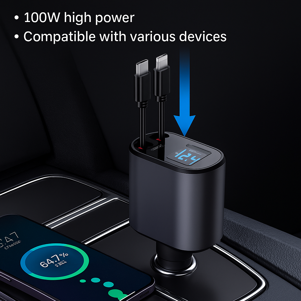4-in-1 Retractable Car Power Hub with 100W Speed & Smart Display