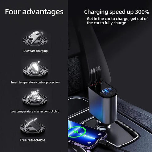 4-in-1 Retractable Car Power Hub with 100W Speed & Smart Display